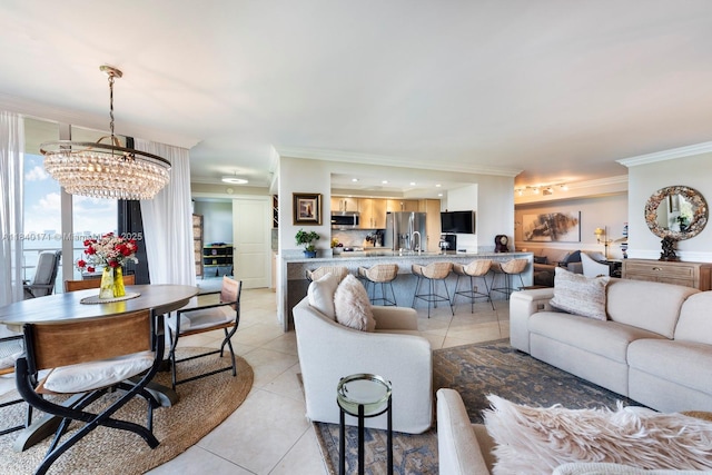 4000 Towerside Ter Unit 1005, Miami, FL 33138 - living room featuring crown molding, light tile patterned floors, and a chandelier