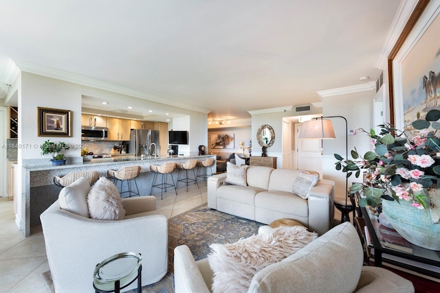 4000 Towerside Ter Unit 1005, Miami, FL 33138 - living room with ornamental molding, light tile patterned floors, and recessed lighting