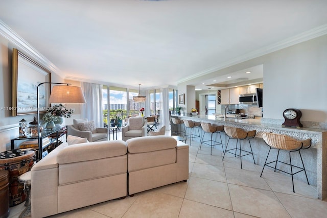 4000 Towerside Ter Unit 1005, Miami, FL 33138 - living area featuring ornamental molding and light tile patterned flooring