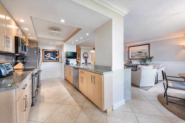 4000 Towerside Ter Unit 1005, Miami, FL 33138 - kitchen featuring crown molding, light brown cabinetry, stainless steel appliances, light tile patterned floors, and dark stone countertops