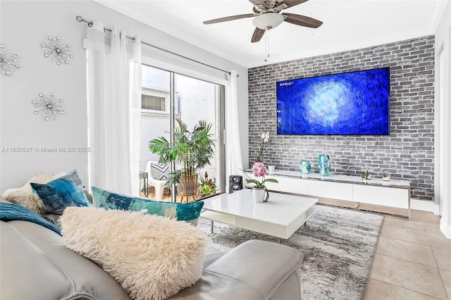 16041 Fairway Ter Unit 121, Weston, FL 33326 - living room featuring crown molding, brick wall, ceiling fan, light tile patterned floors, and an accent wall