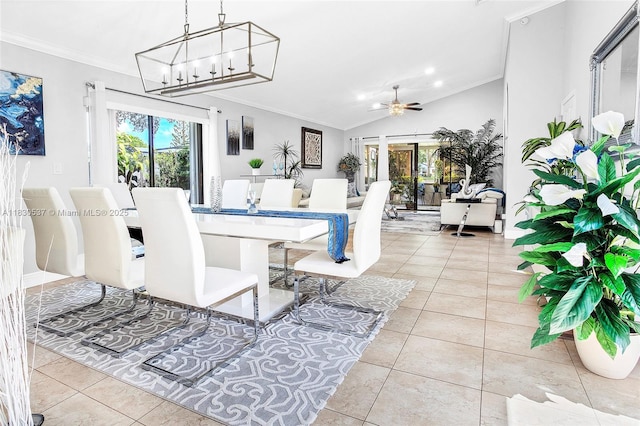 16041 Fairway Ter Unit 121, Weston, FL 33326 - tiled dining room featuring healthy amount of natural light, crown molding, a ceiling fan, vaulted ceiling, and recessed lighting