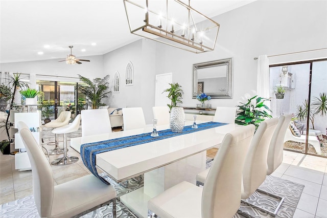 16041 Fairway Ter Unit 121, Weston, FL 33326 - dining room featuring a ceiling fan, tile patterned floors, recessed lighting, crown molding, and lofted ceiling