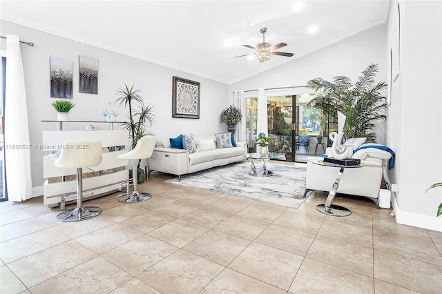 16041 Fairway Ter Unit 121, Weston, FL 33326 - living room with ceiling fan, ornamental molding, vaulted ceiling, and tile patterned flooring