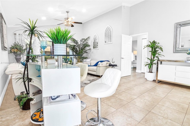 16041 Fairway Ter Unit 121, Weston, FL 33326 - dining room featuring ornamental molding, a ceiling fan, and light tile patterned floors