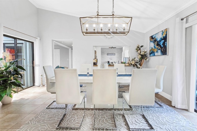 16041 Fairway Ter Unit 121, Weston, FL 33326 - tiled dining room with a chandelier, crown molding, and high vaulted ceiling