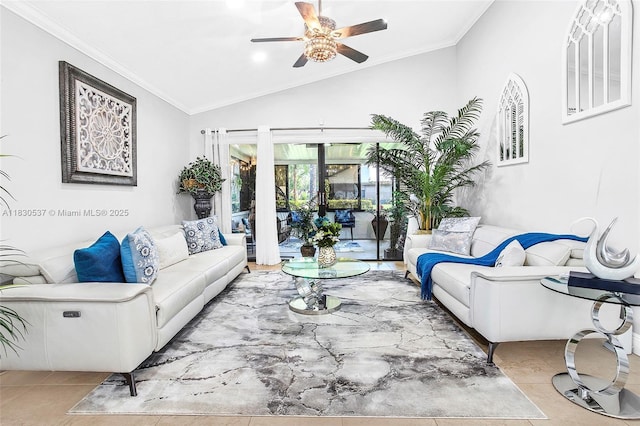 16041 Fairway Ter Unit 121, Weston, FL 33326 - living area with ceiling fan, vaulted ceiling, ornamental molding, and tile patterned floors