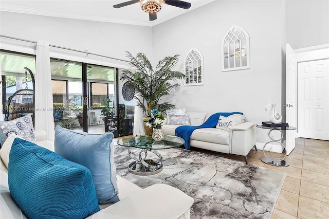 16041 Fairway Ter Unit 121, Weston, FL 33326 - tiled living area with a ceiling fan and ornamental molding