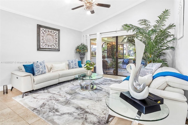 16041 Fairway Ter Unit 121, Weston, FL 33326 - tiled living room with vaulted ceiling, a ceiling fan, and crown molding