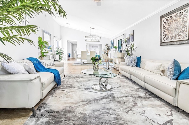 16041 Fairway Ter Unit 121, Weston, FL 33326 - living area with vaulted ceiling, ornamental molding, a chandelier, and plenty of natural light