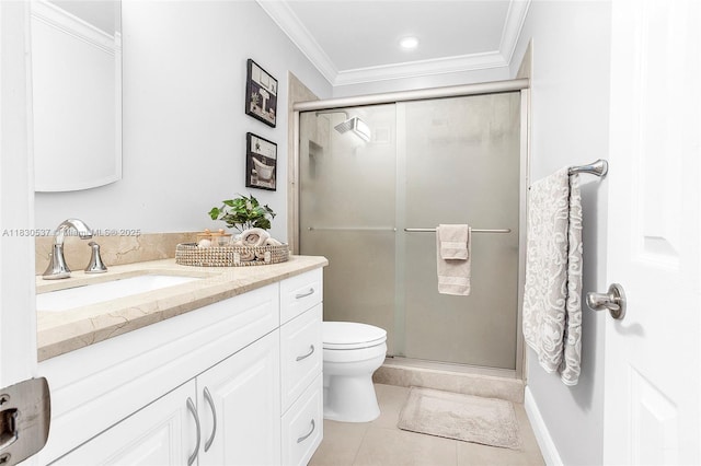 16041 Fairway Ter Unit 121, Weston, FL 33326 - bathroom with vanity, crown molding, tile patterned flooring, and a stall shower