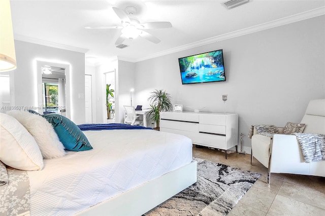 16041 Fairway Ter Unit 121, Weston, FL 33326 - bedroom with crown molding, a ceiling fan, and tile patterned floors