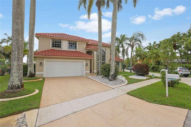 1503 NW 178th Ln, Pembroke Pines, FL 33029 - mediterranean / spanish-style home with driveway, stucco siding, a front yard, a tile roof, and an attached garage