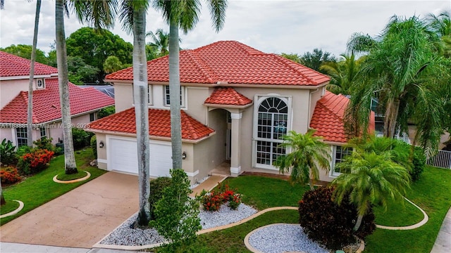 1503 NW 178th Ln, Pembroke Pines, FL 33029 - mediterranean / spanish home with driveway, stucco siding, a tile roof, a front lawn, and a garage