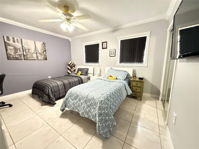 11 Olive Dr Unit E, Hialeah, FL 33010 - bedroom featuring ornamental molding, tile patterned flooring, and ceiling fan