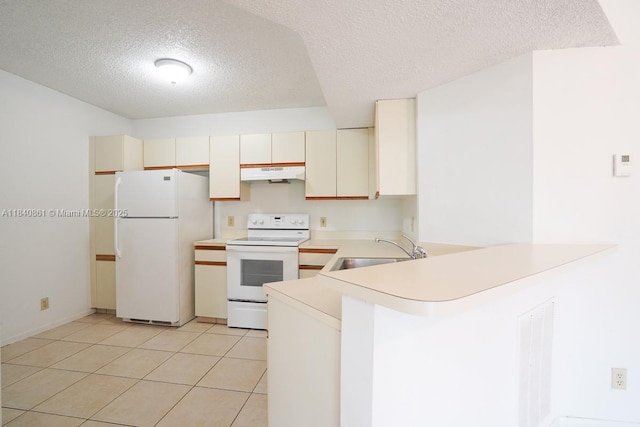 9033 Wiles Rd Unit 304, Coral Springs, FL 33067 - kitchen featuring white appliances, a peninsula, light countertops, a textured ceiling, and under cabinet range hood