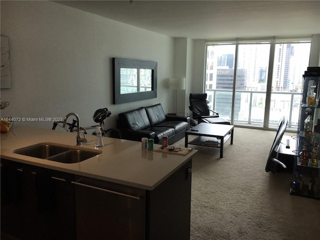 carpeted living room with sink