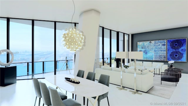 dining room featuring floor to ceiling windows and an inviting chandelier