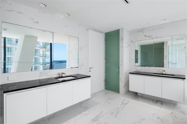 bathroom with backsplash, tile floors, and vanity