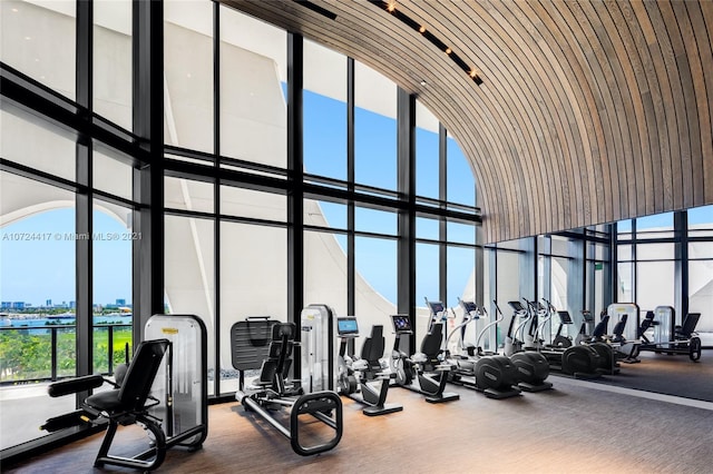 gym with floor to ceiling windows, dark colored carpet, and a towering ceiling