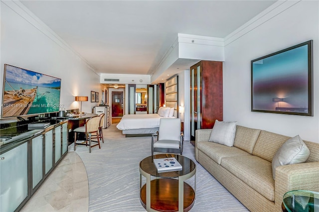 tiled living room featuring ornamental molding