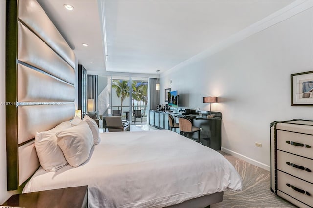 bedroom featuring light colored carpet, access to outside, and crown molding