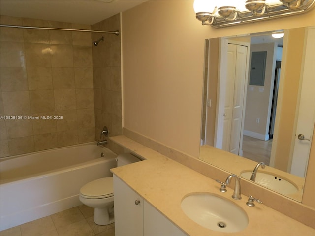 bathroom featuring shower / tub combination, toilet, vanity, electric panel, and tile patterned floors