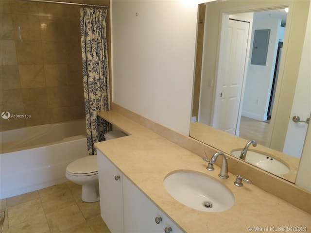 bathroom with shower / bathtub combination with curtain, toilet, vanity, tile patterned flooring, and electric panel