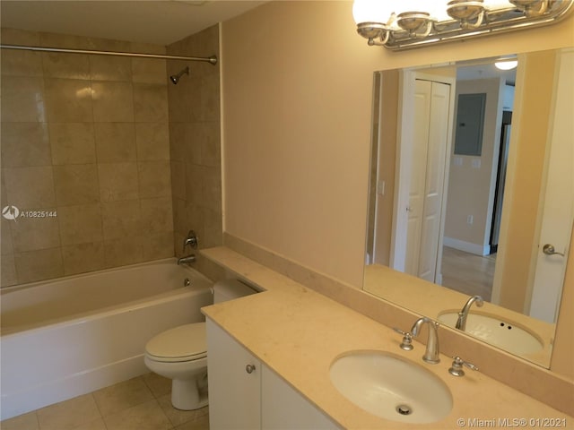 full bath featuring electric panel, toilet,  shower combination, vanity, and tile patterned flooring