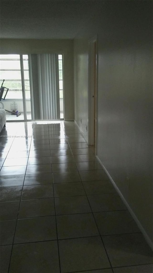 hall featuring dark tile patterned flooring