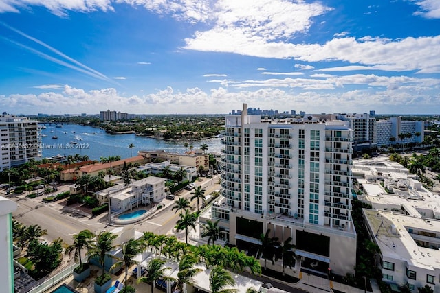 birds eye view of property featuring a water view