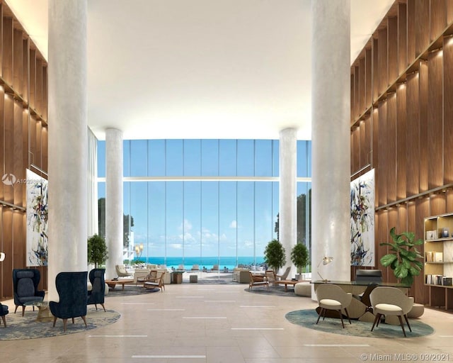 building lobby with a water view