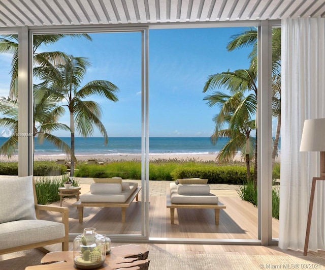 exterior space with a beach view, light hardwood / wood-style floors, and a water view