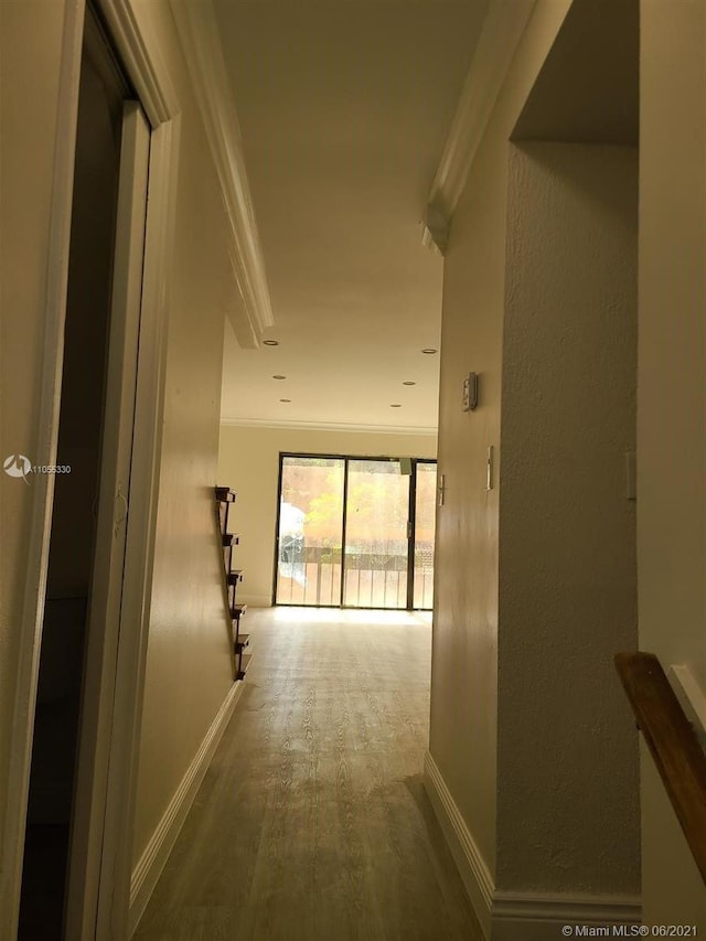 hall with wood-type flooring and crown molding