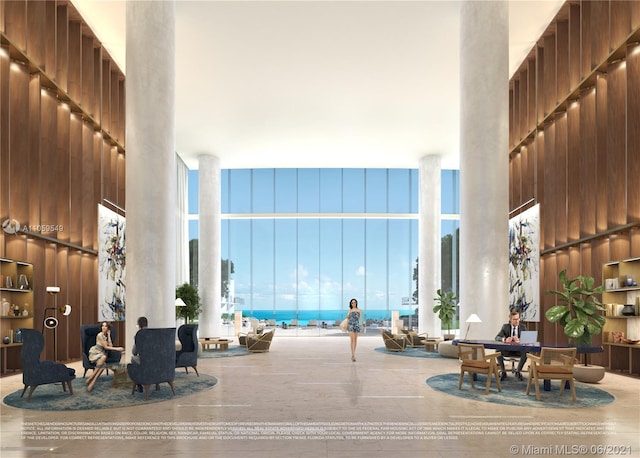 community lobby with a water view