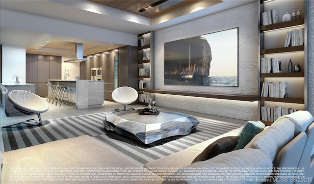 carpeted living room featuring a tray ceiling and sink