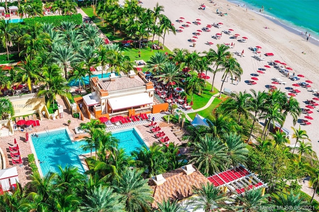 drone / aerial view with a view of the beach and a water view