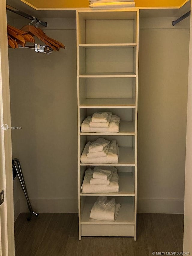 walk in closet with dark wood-type flooring