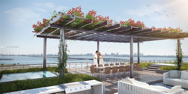 dock area with an outdoor hangout area, a pergola, and a water view