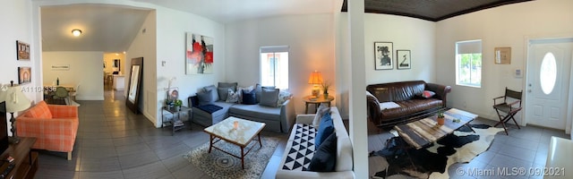 living room featuring dark tile flooring