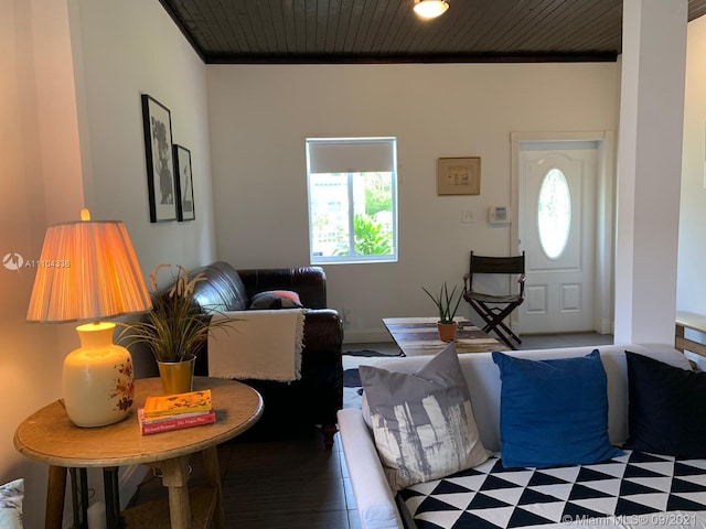 living room with wood ceiling