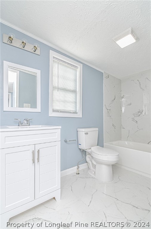 full bathroom with tile patterned flooring, a textured ceiling, tiled shower / bath combo, toilet, and vanity