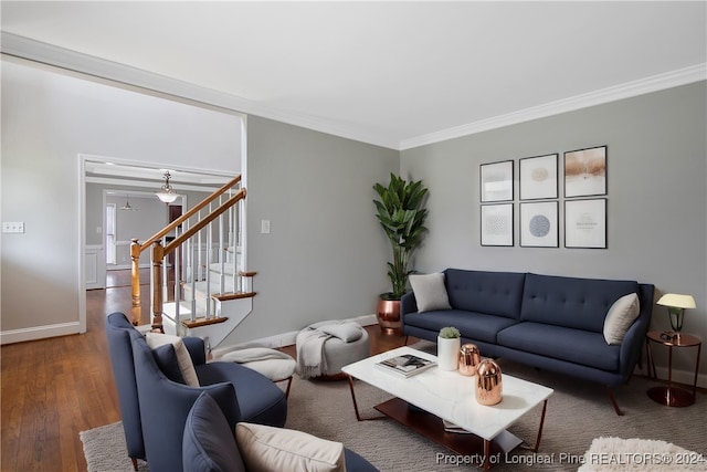 living room featuring hardwood / wood-style floors and ornamental molding