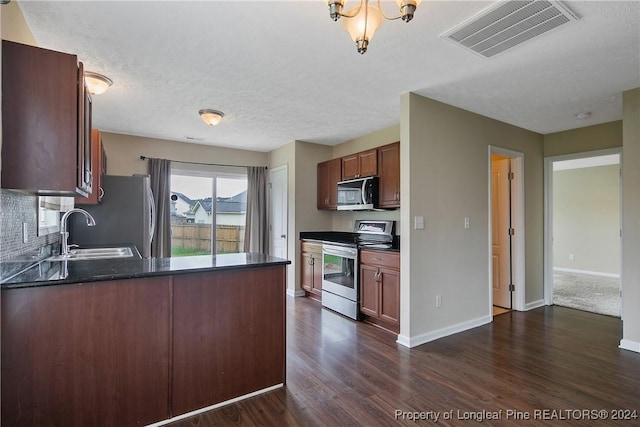 kitchen featuring appliances with stainless steel finishes, sink, backsplash, dark hardwood / wood-style flooring, and kitchen peninsula