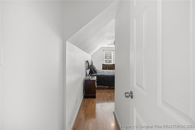 hall featuring lofted ceiling and wood-type flooring