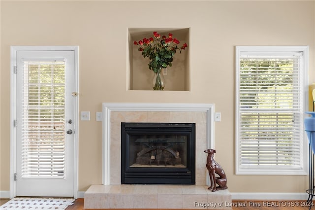 room details featuring hardwood / wood-style flooring and a fireplace