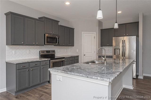 kitchen with an island with sink, stainless steel appliances, sink, and dark hardwood / wood-style flooring