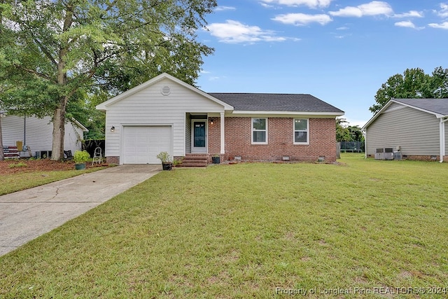 single story home featuring a front yard and a garage