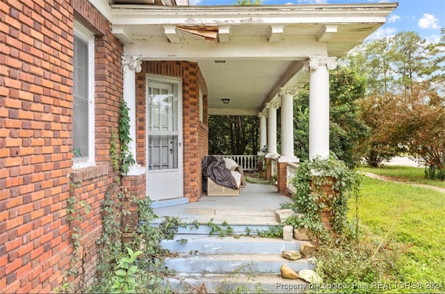 entrance to property with a porch and a lawn