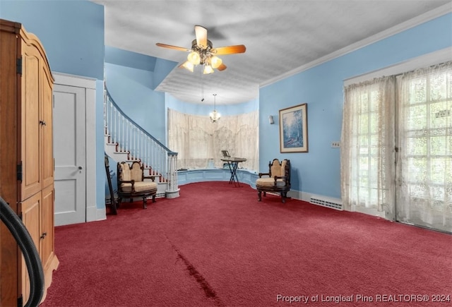 miscellaneous room with ornamental molding, carpet, and ceiling fan